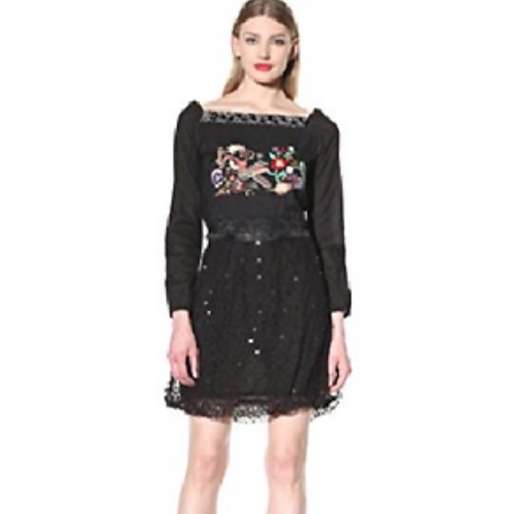 DESIGUAL Embroidered Long Sleeve Black Mini Dress Sequin